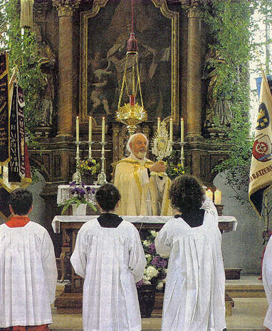 Die Prozession fiel wetterbedingt aus. Pater Hutt spendete den eucharistischen Fronleichnamssegen in der Kirche.    Foto: Michael Hochgemuth
