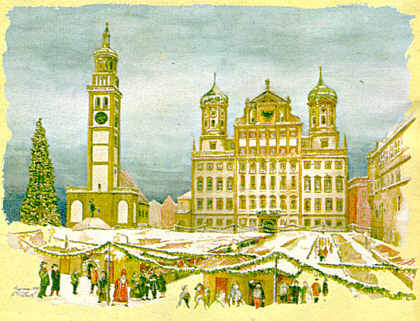 Der traditionelle Augsburger Christkindlesmarkt vor Rathaus und Perlachturm